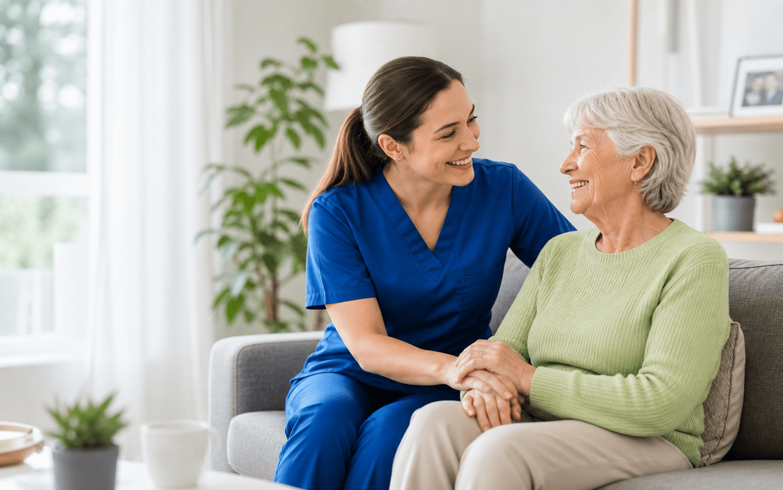 Pflegekraft betreut eine Seniorin zu Hause